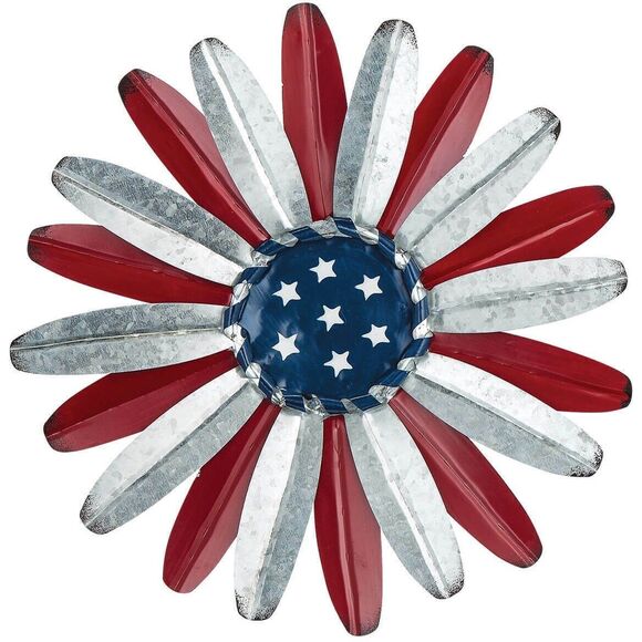 Patriotic Metal Flower Galvanized 14-inch Wall Hanging Red White Blue Stars NEW - Picture 1 of 3